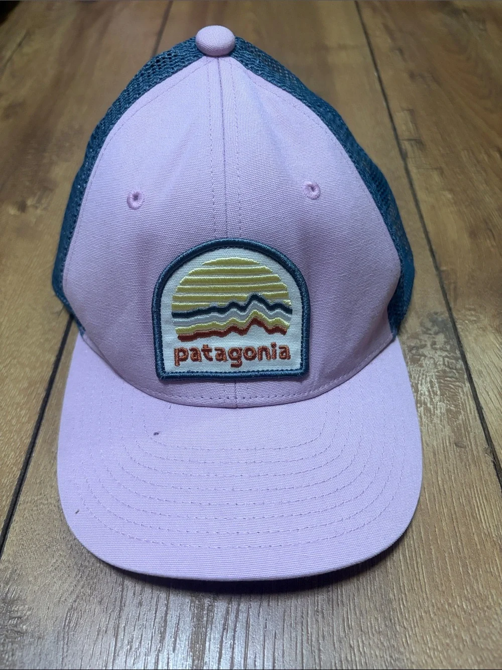 Patagonia Pink and Teal Mesh Trucker Hat with Sunset Patch